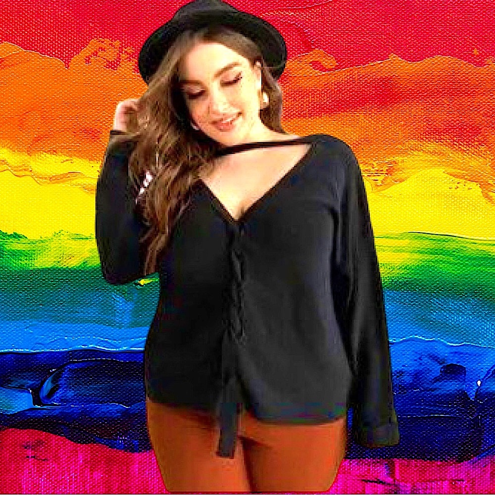 🆕Women’s plus-size Black Cut-out V-neck Chunky Knit Sweater❤️❤️3X